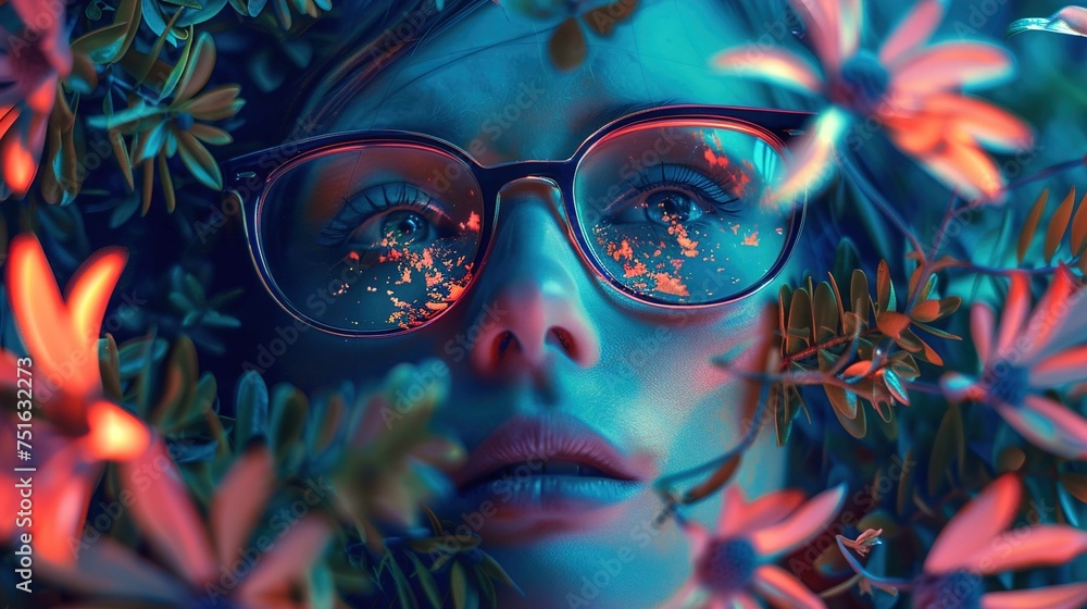 Fototapeta premium The image features a close-up view of a woman's face, with her eyes as the focal point. She is wearing eyeglasses that reflect specks of orange light, possibly from surrounding flowers. The colors in 