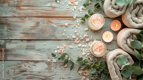 A relaxing Zen spa setup with towels, candles, lush leaves, and rock salt on wooden table. Copy space. photo