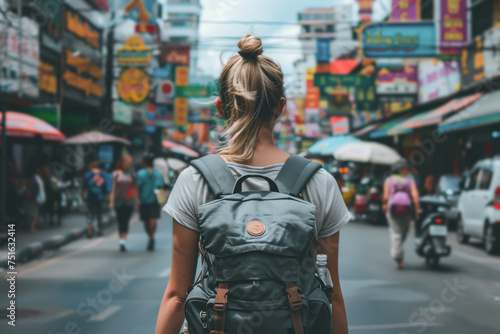 Mujer joven con pelo rubio con moño de espaldas con  mochila paseando por una calle  asiática, sobre fondo de ciudad desenfocado de  edificios, letreros y viandantes photo