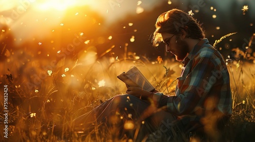 A person with long hair and a beard is sitting in a sunlit field at sunset, deeply engrossed in reading a book. The sunlight filters through the scene, casting a warm golden glow and creating a bokeh 