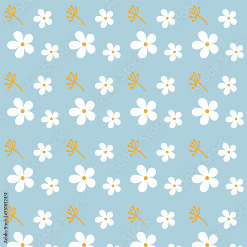 Seamless pattern with daisy flower, petals and branch on blue background vector illustration. Daisy flower vector