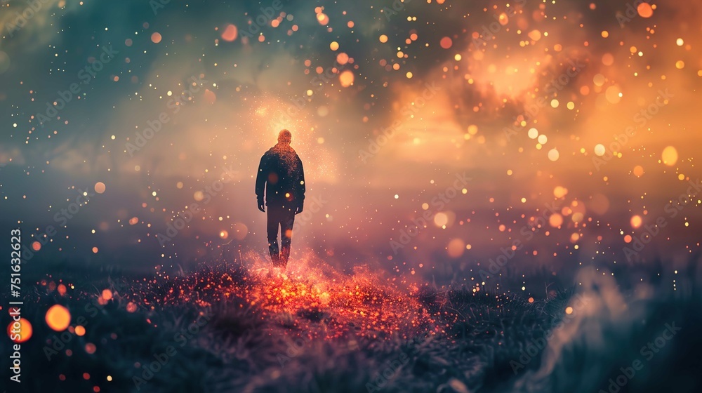 An individual walks away from the viewer through a dreamlike landscape with sparks rising around them, bathing the scene in a warm, orange glow. The person is centrally positioned and silhouetted agai