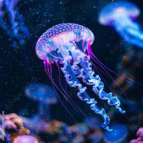 jellyfish with neon glow underwater. © Yahor Shylau 