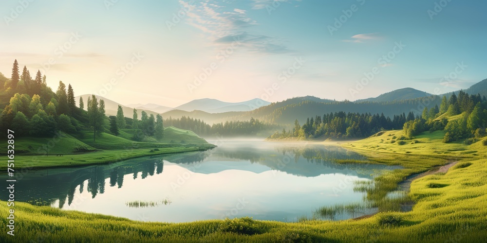 Beautiful landscape of green mountains and lake in the morning with sunrise sky. Nature landscape. Watershed forest. Water and forest sustainability concept. - obrazy, fototapety, plakaty 
