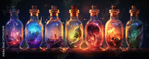 Magic bottles with magic elixirs for love spells, sorcery and divination. Magic illustration and alchemy. Digital ai art photo