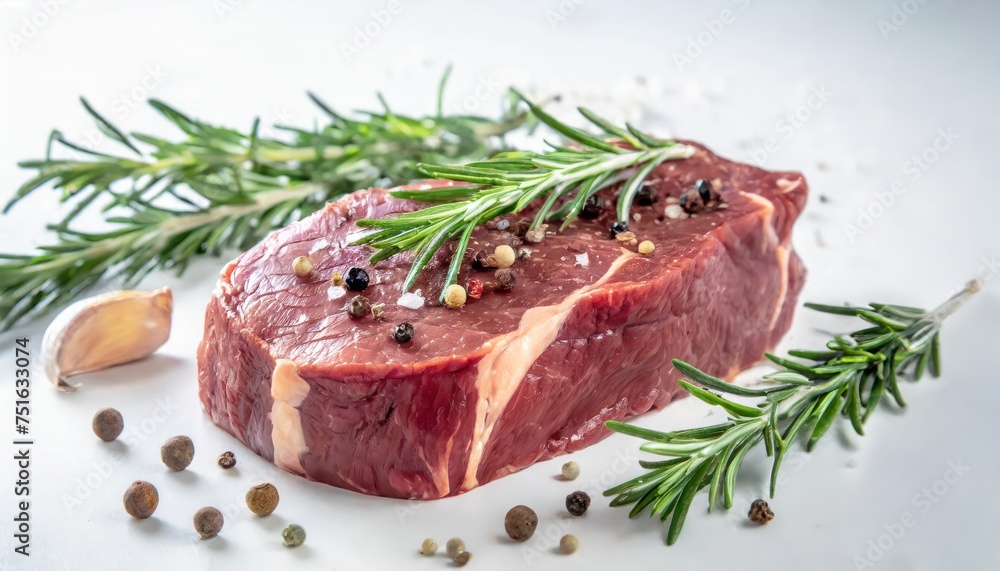 Fototapeta premium Raw beef steak with rosemary and peppercorns on white background 