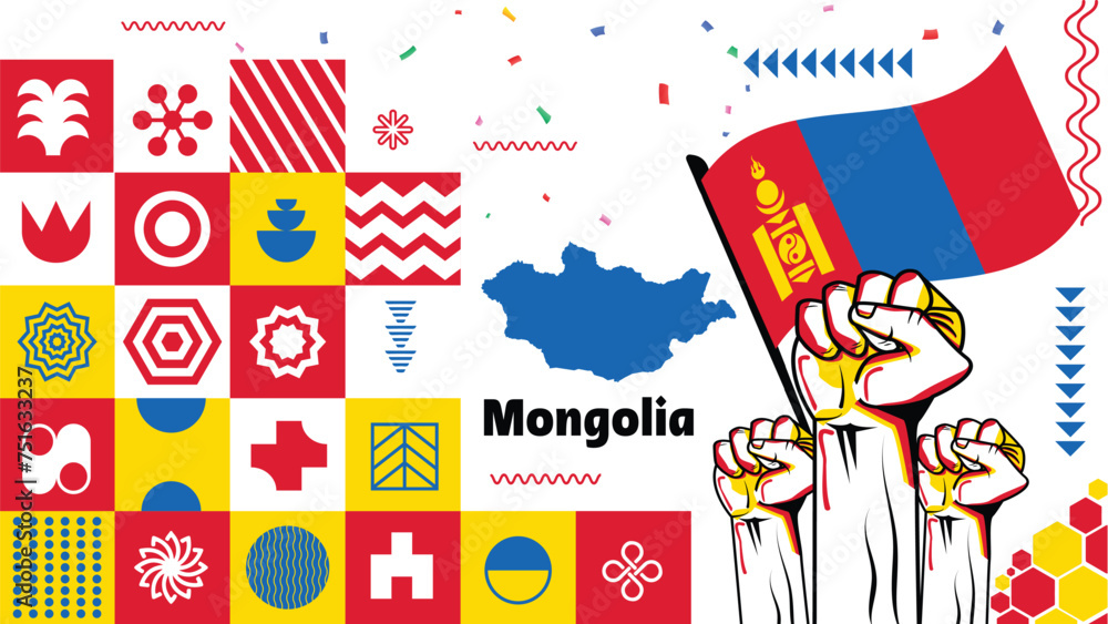 Mongolia Flag and map with raised fists. National or Independence day design for Mongolian people. Modern retro maroon blue traditional abstract banner cover template. Vector illustration.
