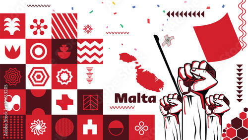 Schilderij op canvas Malta national day banner with Maltese flag colors theme background and geometric abstract retro modern red white design