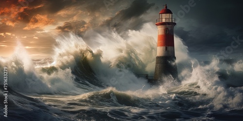 Storm with big waves over the lighthouse at theocean