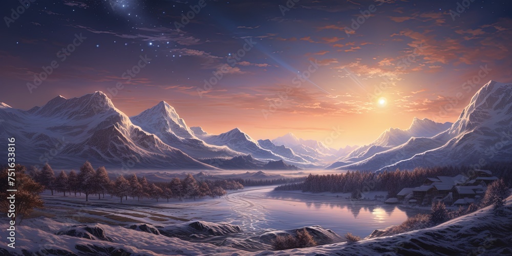 Crisp sunstars shimmer across a snowy landscape, revealing the stunning contours of a tranquil mountain valley - obrazy, fototapety, plakaty 