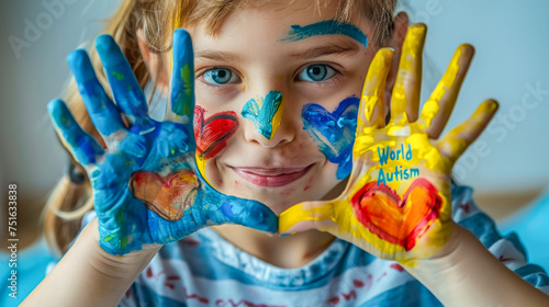 Child with painted hands showing hearts and World Autism text
