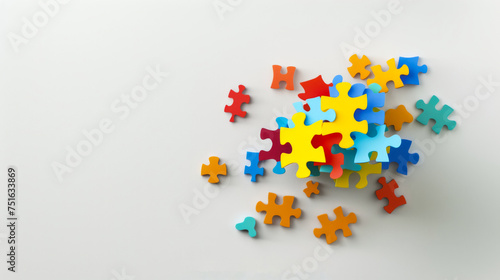 Puzzle pieces in bright primary colors scattered on a light background
