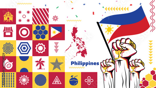 vBanner for National independence day of Philippines. Abstract retro design with philippines flag colors and landmarks like mayon volcano and intramuros. photo