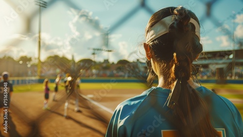 Closeup photo of a softball players back looking towards the field with at game time Wide angle.