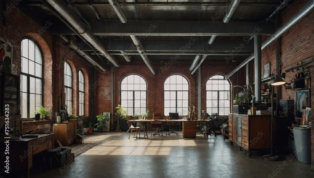 Industrial-style artist's loft with exposed ductwork and brick walls