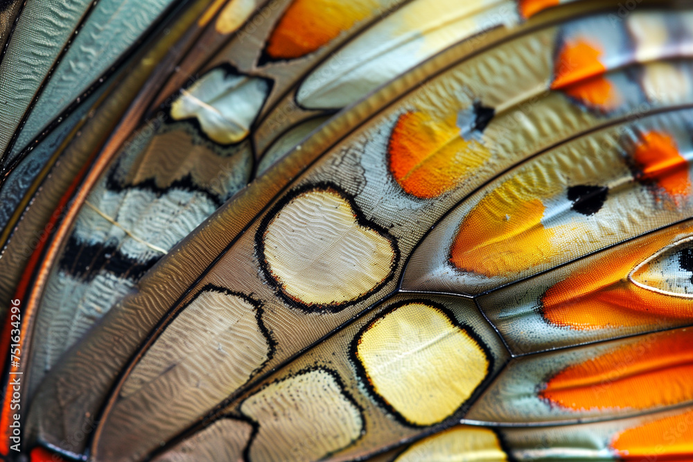 Close-up macro of a butterfly wing, vibrant colors and patterns.