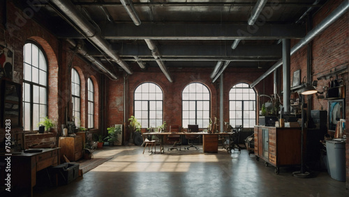 Industrial-style artist's loft with exposed ductwork and brick walls