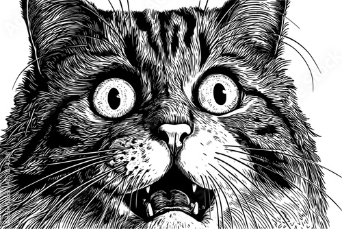 Surprised cat with bie eyes and open mouth, black and white ink style