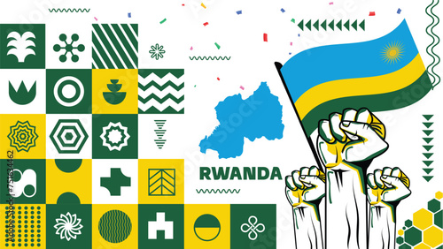 Rwanda national day banner design. Rwanda flag theme graphic art web background. Abstract celebration geometric triangles, blue yellow green color. Rwandese raised fists Vector illustration. photo