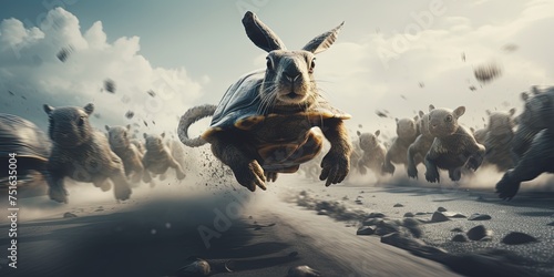 Turtle running in a race leading a large group of rabbits, in strategy and determination concept photo