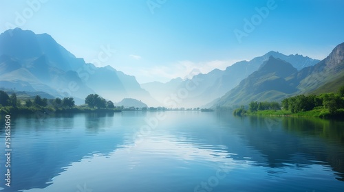 Rugged mountain terrain meeting a calm river under a spotless blue sky, creating a pristine natural panorama.