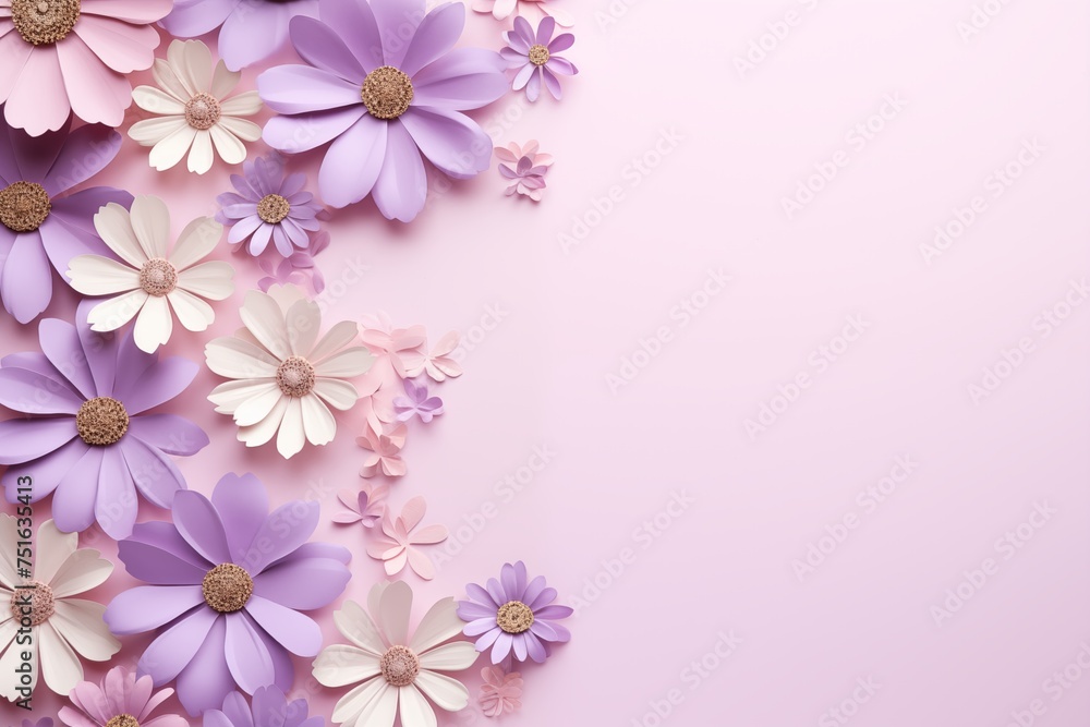 Beautiful flowers on lilac background. Greeting card for Easter, Women's Day, Mother's Day, Valentine's Day with a place for text.