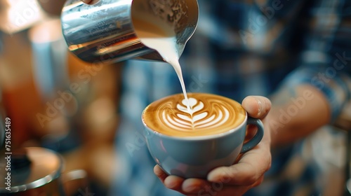 Barista making pouring stream milk with coffee latte art pattern heart shape photo