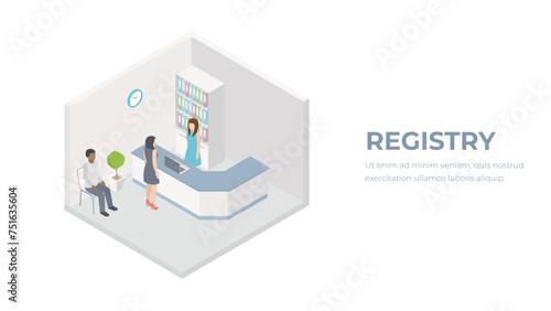Isometric clinic registry. Medical concept of appointment with a doctor. A patient visits a hospital vector.