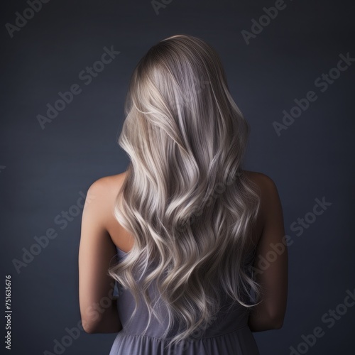 Back view young woman with silver hair on a dark gray background.