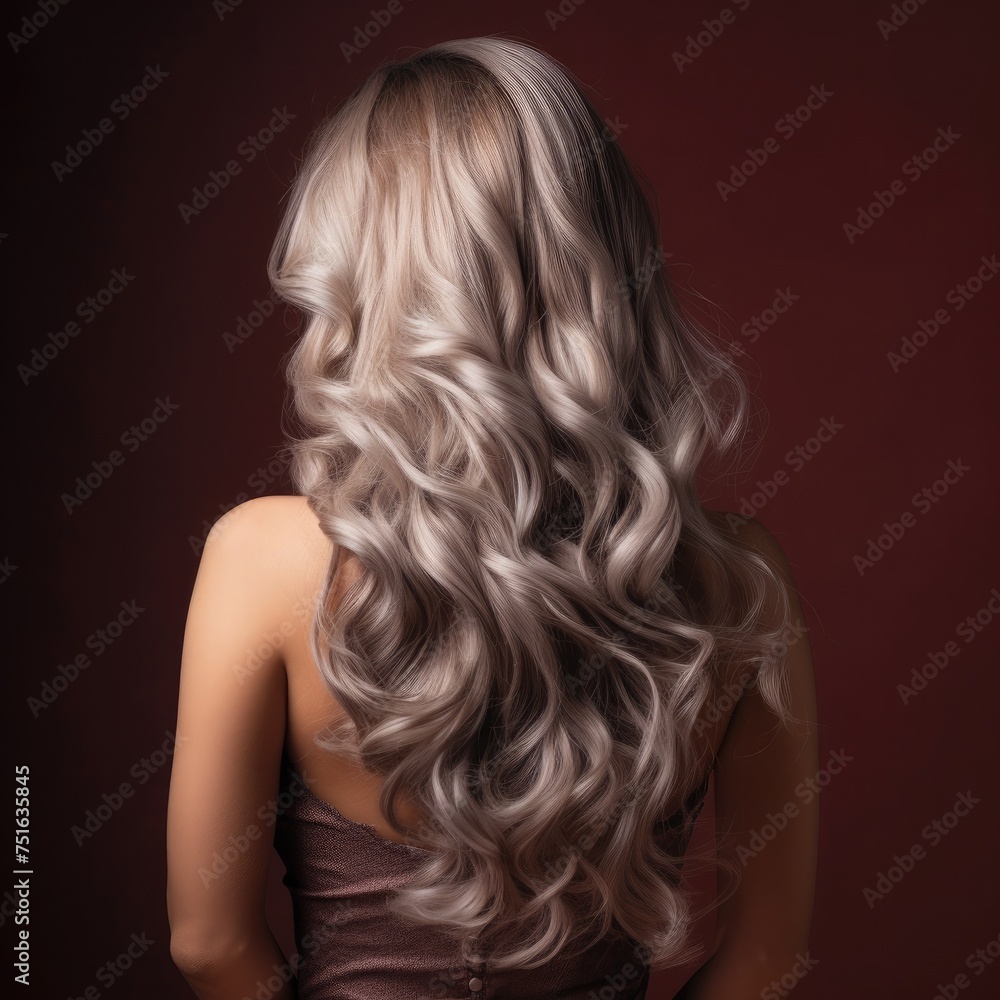Fototapeta premium Back view young woman with silver hair on a dark red background.