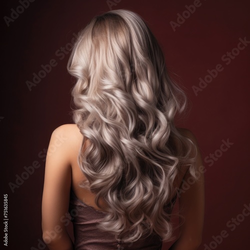 Back view young woman with silver hair on a dark red background.