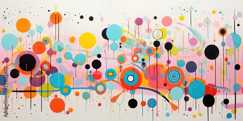 A playful and striking abstract artwork featuring colorful dots and dynamic shapes