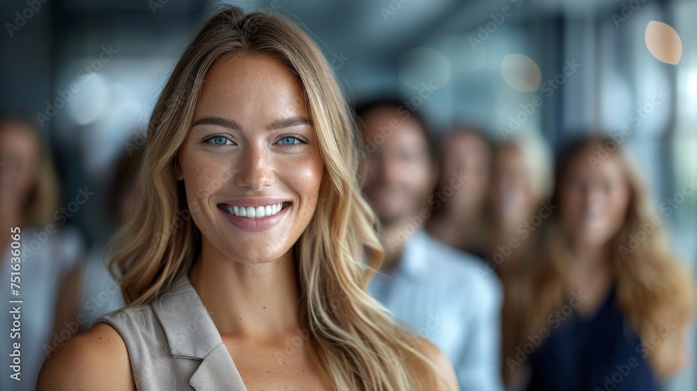Radiant Leader: Successful Professional Woman. In the hub of a bustling office, a radiant woman with flowing blonde hair and an infectious smile exudes leadership and positivity.