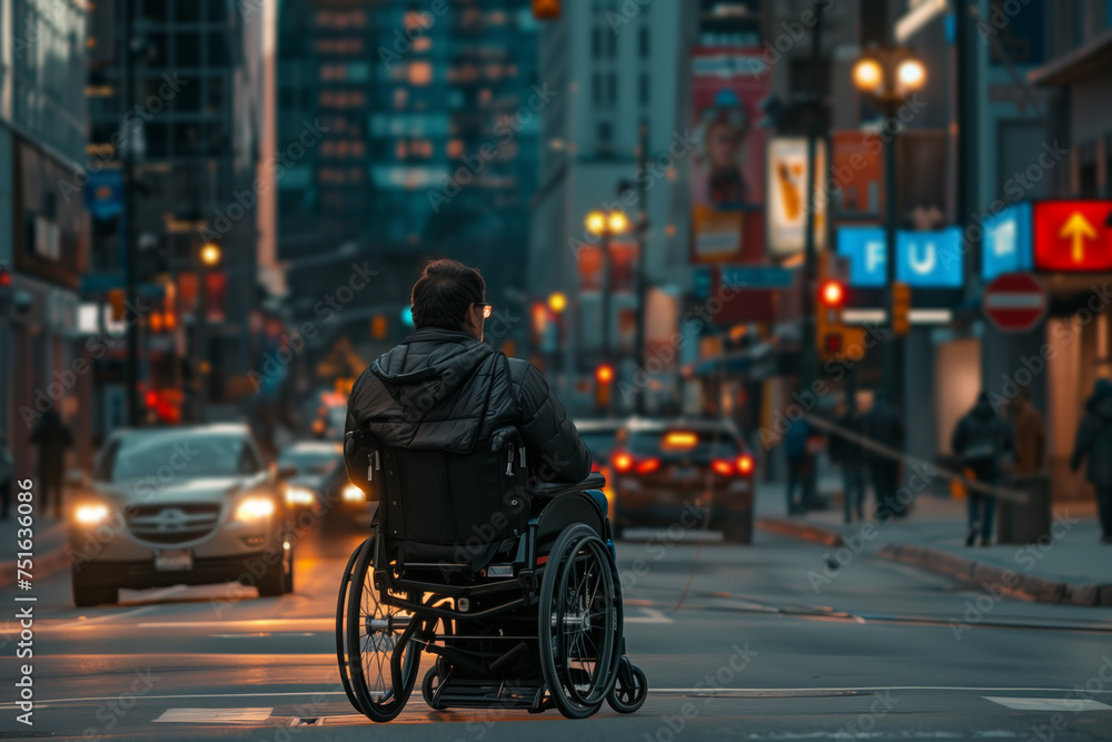 Man in Wheelchair at City Crosswalk, A contemplative man in a wheelchair pauses at a city crosswalk.