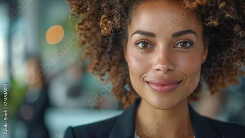 Confident Professional: Ambitious Businesswoman in Modern Workspace. Standing out in the corporate world, an ambitious businesswoman with a welcoming smile and naturally curly hair projects confidence