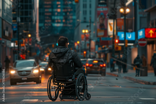 Man in Wheelchair at City Crosswalk, A contemplative man in a wheelchair pauses at a city crosswalk.