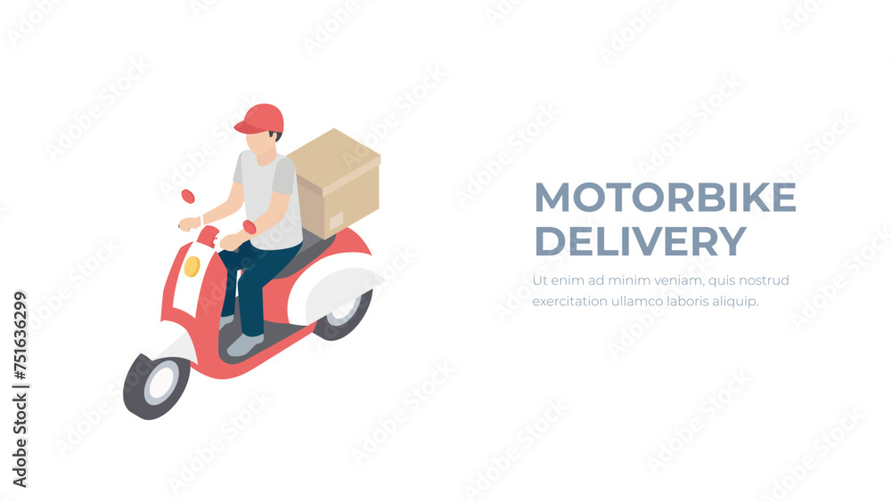 Online express delivery service concept, courier motorcycle or scooter, delivery man with parcel box on the back. Isometric vector. Online express delivery service concept, courier motorcycle or scooter, delivery man with parcel box on the back. Isometric vector.