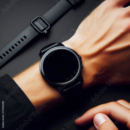 Mockup black smartwatch on the wrist isolated on black background copy space. ai generative photo