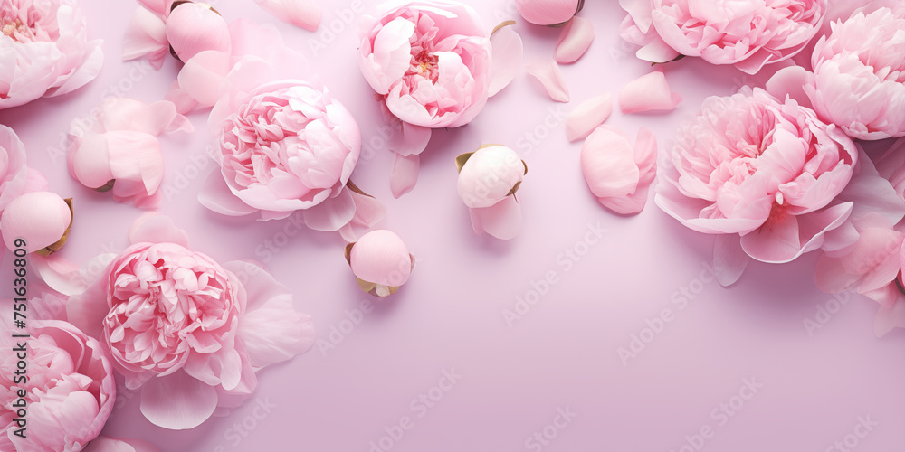 Obraz premium Beautiful delicate peony flowers on pink background. Greeting card for Easter, Women's Day, Mother's Day, Valentine's Day.