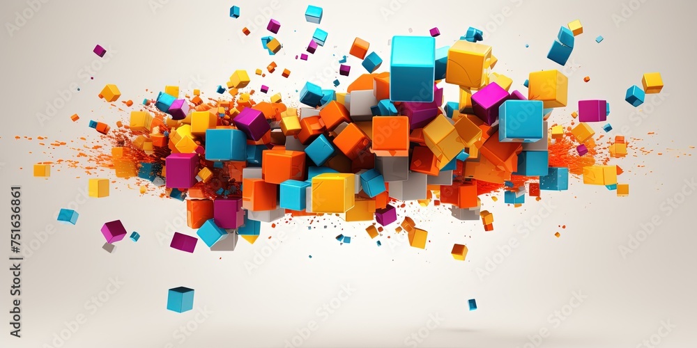 Swirling or bursting cubes of colors. Rising creativity concept. Cluster of multiple colorful cubes rising on neutral grey background