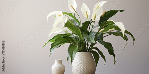 A delicate spathiphyllum plant in a pristine white vase brings a burst of life and beauty to any indoor space photo