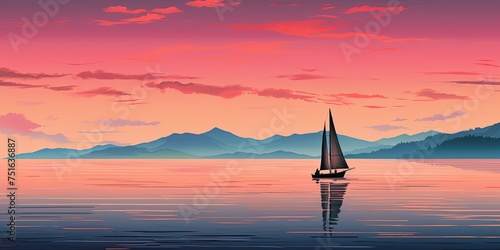 A solitary sailboat rests on a calm ocean, backdropped by silhouetted islands and a dusk sky
