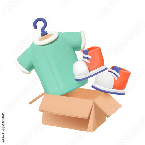 T-shirt and sneakers floating out of a box.