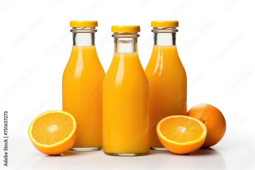 Several bottles of fresh orange juice and orange on a white background isolated Several bottles of fresh orange juice and orange on a white background isolated