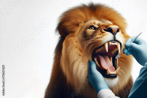 Lion with open mouth being examined by a dentist isolated on white background. ai generative © Igor