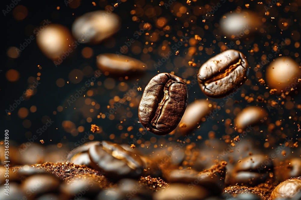 Coffee beans in flight on a dark background Coffee beans in flight on a dark background