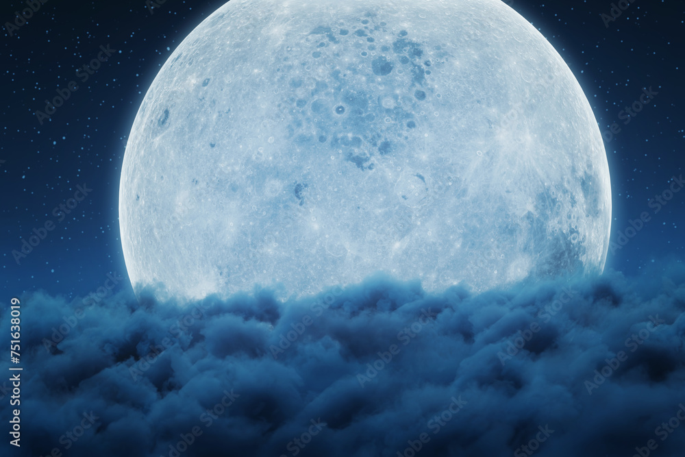 3D rendering of big bright moon over night clouds - obrazy, fototapety, plakaty 