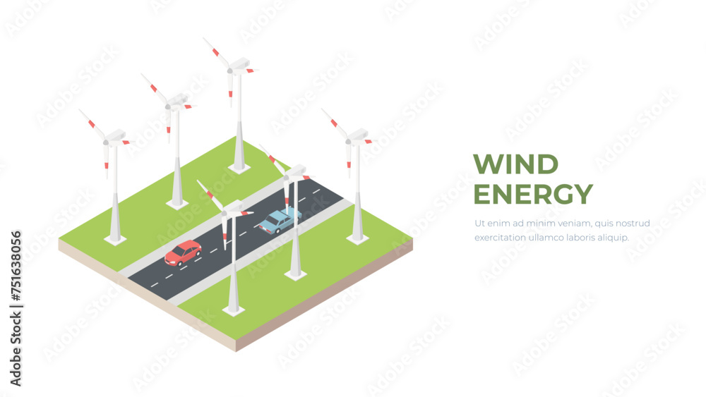 Vector or Illustration of eco concept. Windmill for energy saving isometry. Front ground have asphalt road and car. Island of eco. Vector or Illustration of eco concept. Windmill for energy saving isometry. Front ground have asphalt road and car. Island of eco.