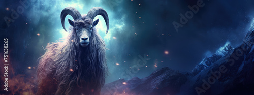 Majestic goat, starlit horns, mountainous backdrop, cosmic sky, nebulae, digital art, fantasy, animal portrait, space theme, vibrant colors, glowing effects, interstellar environment. © Shaman4ik