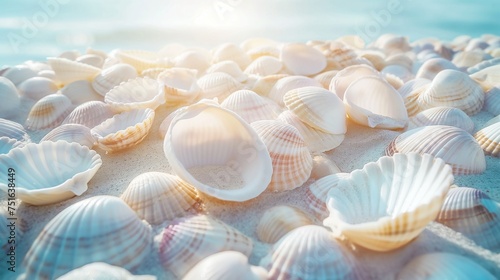 Seashells arranged in a natural pattern on the beach, illuminated by the soft glow of the sun against the clear blue sky.